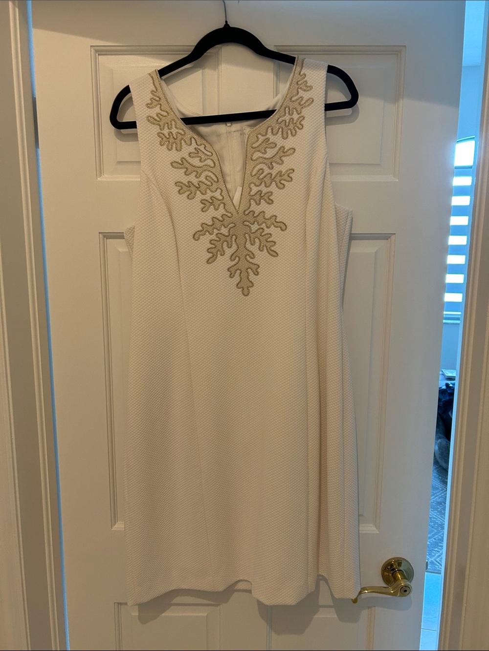 Pappagallo Cream Sleeveless Shift Dress with Gold Embroidery